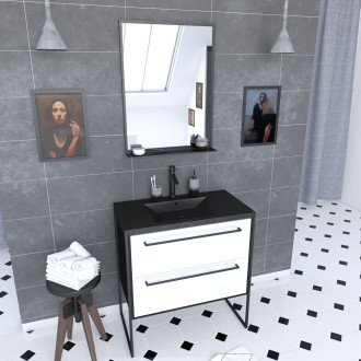 Pack meuble de salle de bain 80x50cm noir mat - 2 tiroirs blanc - vasque résine noire effet pierre et miroir noir mat - structura p051 Aurlane - PACM051