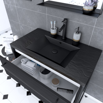 Meuble de salle de bain 80x50 cm - 2 tiroirs noir mat + vasque résine noire effet pierre + miroir Aurlane - PACM062