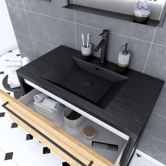Pack meuble de salle de bain 80x50cm noir mat - 2 tiroirs chêne brun - vasque noir effet pierre et miroir led noir mat - structura p072 Aurlane - PACM072
