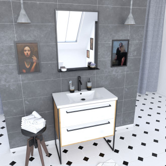 Ensemble de salle de bain blanc 80cm+ vasque en resine blanche 80x50 + tiroirs blanc mat + mirroir Aurlane - PACM078