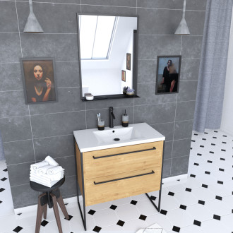 Meuble de salle de bain 80x50cm - vasque blanche - 2 tiroirs finition chêne naturel + miroir Aurlane - PACM100