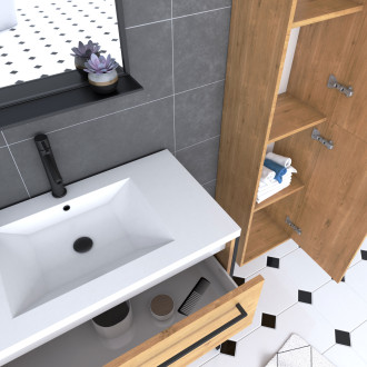 Meuble de salle de bain 80x50cm - vasque blanche - tiroirs finition chêne naturel + colonne + miroir Aurlane - PACM102