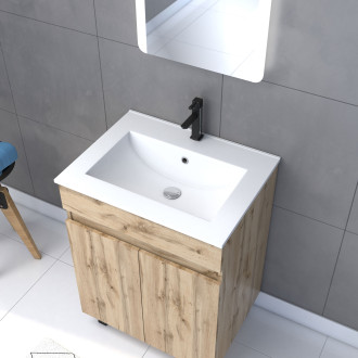 Meuble salle de bain 60x80 - finition chene naturel - vasque blanche + miroir led - timber 60 - pack04 Aurlane - PACM214