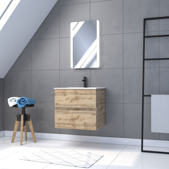 Meuble salle de bain 60x54 - finition chene naturel + vasque blanche + miroir led - timber 60 - pack10 Aurlane - PACM220