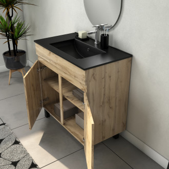 Meuble salle de bains 80cm 2 portes chêne industriel + vasque noire et miroir ovale Aurlane - PACM307