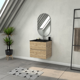 Meuble salle de bains 60cm 2 tiroirs chêne industriel + vasque noire et miroir ovale Aurlane - PACM309
