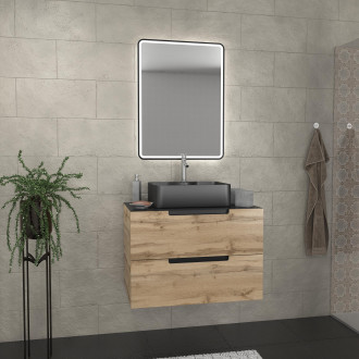 Meuble salle de bains 80 cm 2 tiroirs - chêne et noir - vasque rectangle - miroir black led - omega Aurlane - PACM363