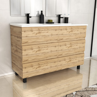 Meuble de salle de bains 120cm 6 tiroirs chêne industriel + vasque céramique blanche - TIMBER 120 Aurlane - PACM608