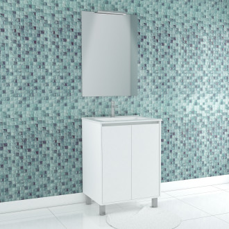 Pack meuble salle de bains 60cm blanc 2 portes, vasque, miroir 60x80 et réglette led - xenos Aurlane - PACM609