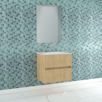 Pack meuble salle de bains 60cm chêne clair 2 tiroirs, vasque, miroir 60x80 et réglette led - xenos Aurlane - PACM615