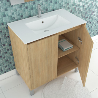 Pack meuble salle de bains 80cm chêne clair 2 portes, vasque, miroir 60x80 et réglette led - xenos Aurlane - PACM623