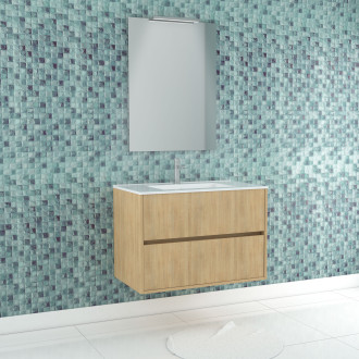 Pack meuble salle de bains 80cm chêne clair 2 tiroirs, vasque, miroir 60x80 et réglette led - xenos Aurlane - PACM627