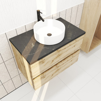 Meuble salle de bains 80cm chêne naturel 2 tiroirs plan en bois effet marbre noir + vasque ronde blanche Aurlane - PACM672