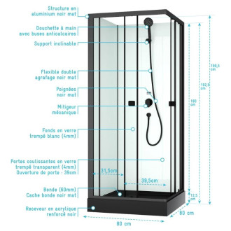 Cabine de douche intégrale 80x80x200 cm carrée - Portes coulissantes - Receveur Noir Mat - ELEMENTARY Aurlane - CAB289