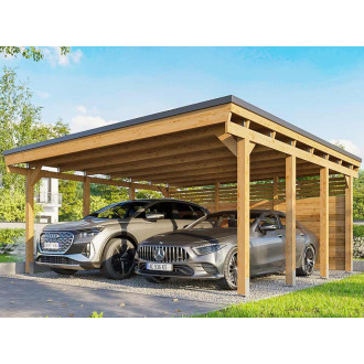 Carport Bois CASTELLANE - 558X555 - Panneau de Fond Intégré - Toiture en Bois + Feutre Bitumeux - Abris Voiture - Autoclave - 2 Voitures