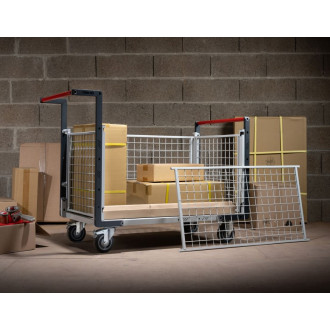 Chariot modulaire FLATPACK™ grillagé 2 dossiers + 2 ridelles plateau bois 1000 x 600 mm roues rectangle 500 kg - 806724545