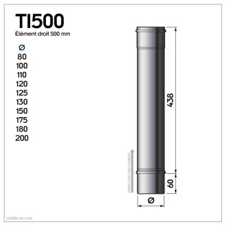 Lot de 3 ti500 conduit simple paroi pour bois fioul longueur 50 cm       ø80
