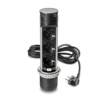 Multiconnecteur Vertikal Push 60, diamètre 60 mm, 3 prises de type Schuko, 1 USB de type A, 1 USB de type C, Acier et plastique, Acier inoxydable Multiconnecteur Vertikal Push 60, diamètre 60 mm, 3 prises de type Schuko, 1 USB de type A, 1 USB de type C, Acier et plastique, Acier inoxydable