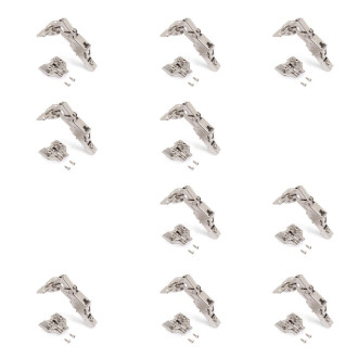 Lot de 10 charnières coudées X91 Ouverture à 165 degrés avec fermeture amortie et embases Euro, Hauteur 0, Acier, Nickelé