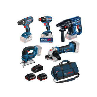 Kit 5 outils 18V BOSCH Perceuse-visseuse + meuleuse angulaire + visseuse à choc + marteau perforateur + Scie sauteuse + 3 batteries 4.0 Ah + 1 chargeur - 0615990K6L