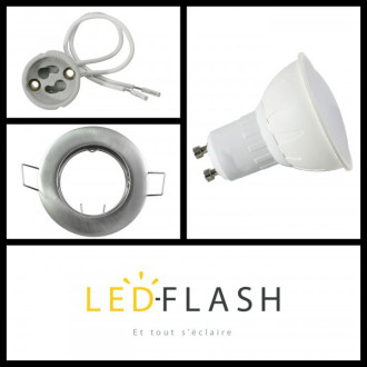 Kit spot led GU10 3 watt (eq. 30 watt) - Support gris - Couleur eclairage - Blanc chaud 3000°K, Type Support - Rond fixe 85mm