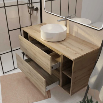 Meuble de salle de bains 120 cm - Décor chêne 2 tiroirs vasque blanche à poser - TIMBER Aurlane - PACM844