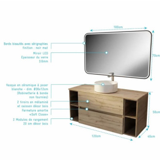 Meuble de salle de bains 120 cm - Décor chêne 2 tiroirs vasque blanche à poser et miroir LED 100x70 - TIMBER Aurlane - PACM845