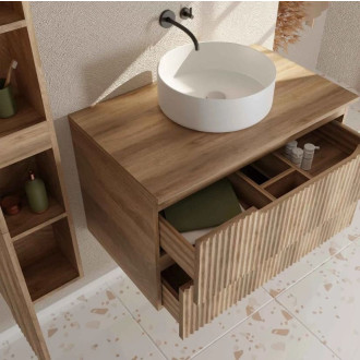 Meuble et colonne de salle de bains LEON 80cm - Façade ondulée - Vasque Ronde 36cm - LEON Aurlane - Couleur au choix