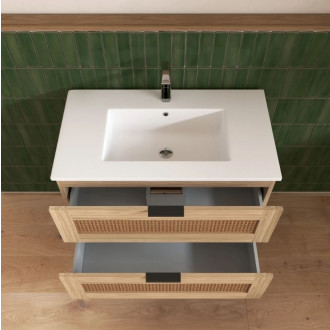Meuble salle de bain cannage 60cm décor bois et cannage - 2 tiroirs vasque et miroir - APOLLINE Aurlane - LAV1039