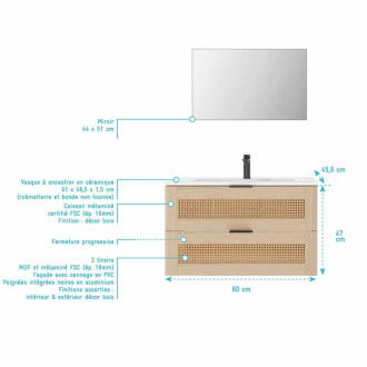 Meuble salle de bain cannage 60cm décor bois et cannage - 2 tiroirs vasque et miroir - APOLLINE Aurlane - LAV1039