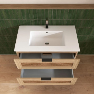 Meuble salle de bain cannage 80cm décor bois et cannage - 2 tiroirs vasque et miroir - APOLLINE Aurlane - LAV1040