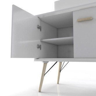Meuble salle de bain scandinave blanc 80 cm sur pieds avec portes, vasque a poser et miroir LED Aurlane - LAV525