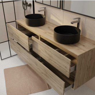 Meuble Salle de Bains 160 TIMBER Décor chêne 4 Tiroirs - Vasques à poser Noires 2 Miroirs 75x55 Aurlane - PACM861