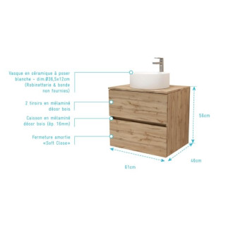 Meuble salle de bains 60cm 2 Tiroirs chêne naturel + Vasque ronde diamètre 36cm en céramique blanche Aurlane - PACM740