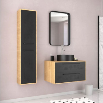 Meuble Salle de Bains 80 cm avec vasque ronde miroir et colonne - Chêne naturel et Noir - UBY Aurlane - PACM263