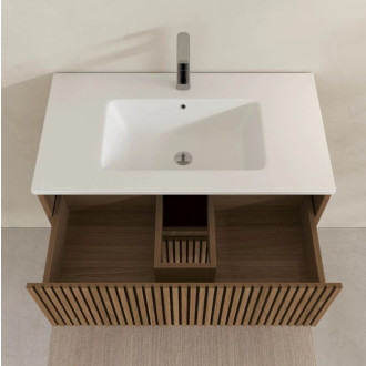 Meuble salle de bains YUKI 80 - 2 Tiroirs décor chêne et noir - Vasque Blanche - Miroir LED 70 - YUKI Aurlane - PACM880