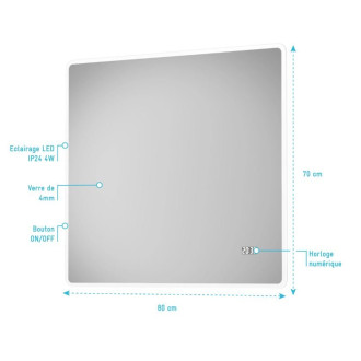 Miroir salle de bain LED rectangulaire auto-éclairant 80x70cm - Ulysse LED 80 Aurlane - MIR032