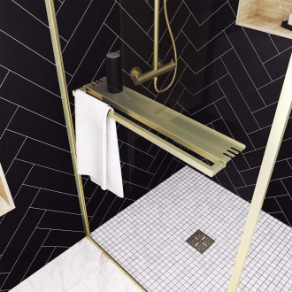 Paroi de douche or doré brossé 100x200cm - porte-serviette et etagère Aurlane - FAC1019