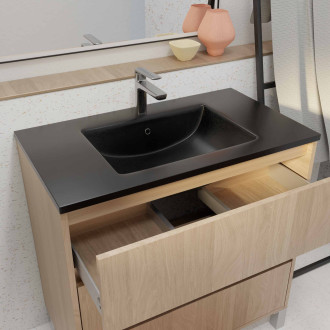 Meuble de salle de bains 80 cm 3 tiroirs chêne clair + vasque céramique noire - xenos Aurlane - PACM718