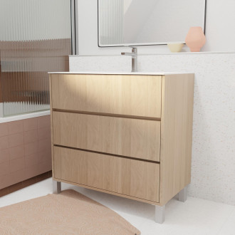 Pack meuble salle de bains 80 cm chêne clair, 3 tiroirs avec vasque céramique - xenos Aurlane - PACM692