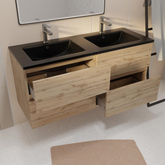 Meuble de salle de bains 120 cm 4 tiroirs chêne naturel + vasque double céramique noire - timber Aurlane - PACM711