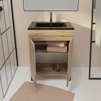 Meuble de salle de bains 60 cm 2 portes chêne naturel + vasque céramique noire - timber Aurlane - PACM704