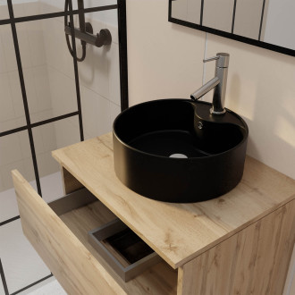 Meuble salle de bains 60cm 2 tiroirs chêne naturel + vasque noire ø41cm et miroir 60x80cm Aurlane - PACM758
