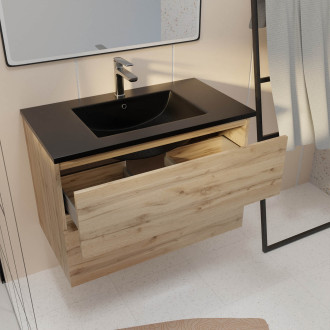 Meuble de salle de bains 80 cm 2 tiroirs chêne naturel + vasque céramique noire - timber Aurlane - PACM708