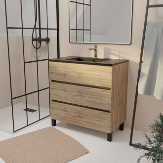 Meuble de salle de bains 80 cm 3 tiroirs chêne naturel + vasque céramique noire - timber Aurlane - PACM709