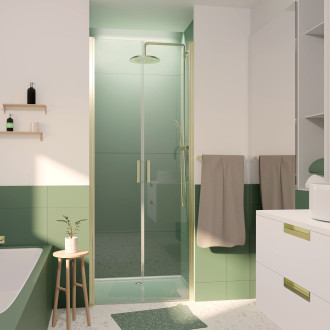 Porte de douche double battant 80x200cm - verre trempé transparent 6mm - profil or doré brossé Aurlane - FAC977
