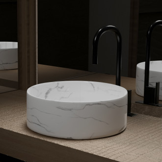 Vasque à poser ronde en céramique blanche mat effet marbre - ø36cm x 13cm - white marble Aurlane - VAS052