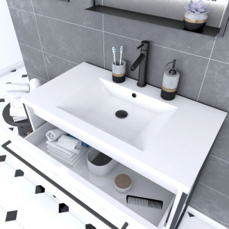 Pack meuble de salle de bain 80x50cm Blanc - 2 tiroirs - vasque blanche et miroir noir mat Aurlane - PACM011