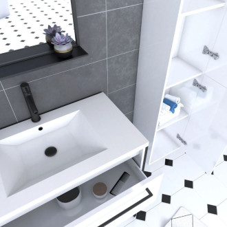 Pack meuble de salle de bain 80x50cm Blanc - 2 tiroirs blanc - vasque blanche + miroir noir mat Aurlane - PACM014