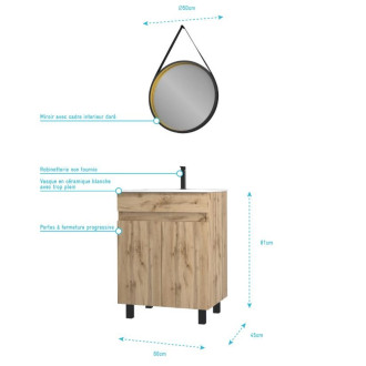 Pack Meuble SDB 60cm sur pieds 2 portes Chêne - Vasque blanche + Miroir Barber - TIMBER 60_Pack22 Aurlane - PACM232